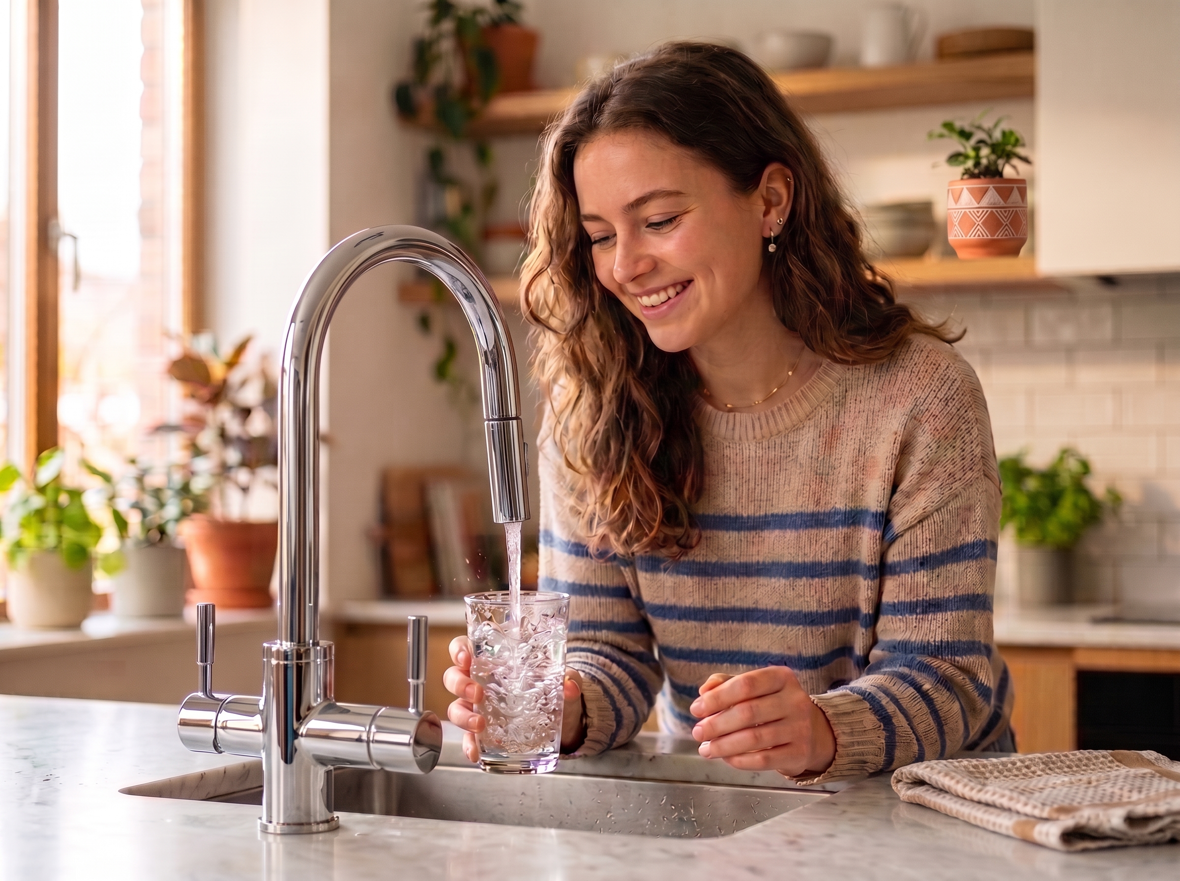 Acqua pura e cristallina erogata da un depuratore domestico
